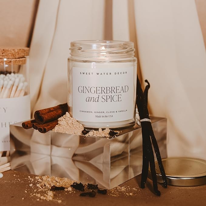 Sweet Water Decor Gingerbread and Spice Candle - Orange, Lemon, and Ginger Candles Scented Soy Candles for Home - Christmas Candle 9oz Clear Jar, 40 Hour Burn Time, Made in The USA