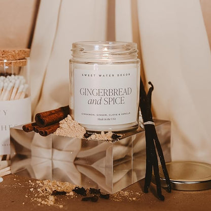 Sweet Water Decor Gingerbread and Spice Candle - Orange, Lemon, and Ginger Candles Scented Soy Candles for Home - Christmas Candle 9oz Clear Jar, 40 Hour Burn Time, Made in The USA