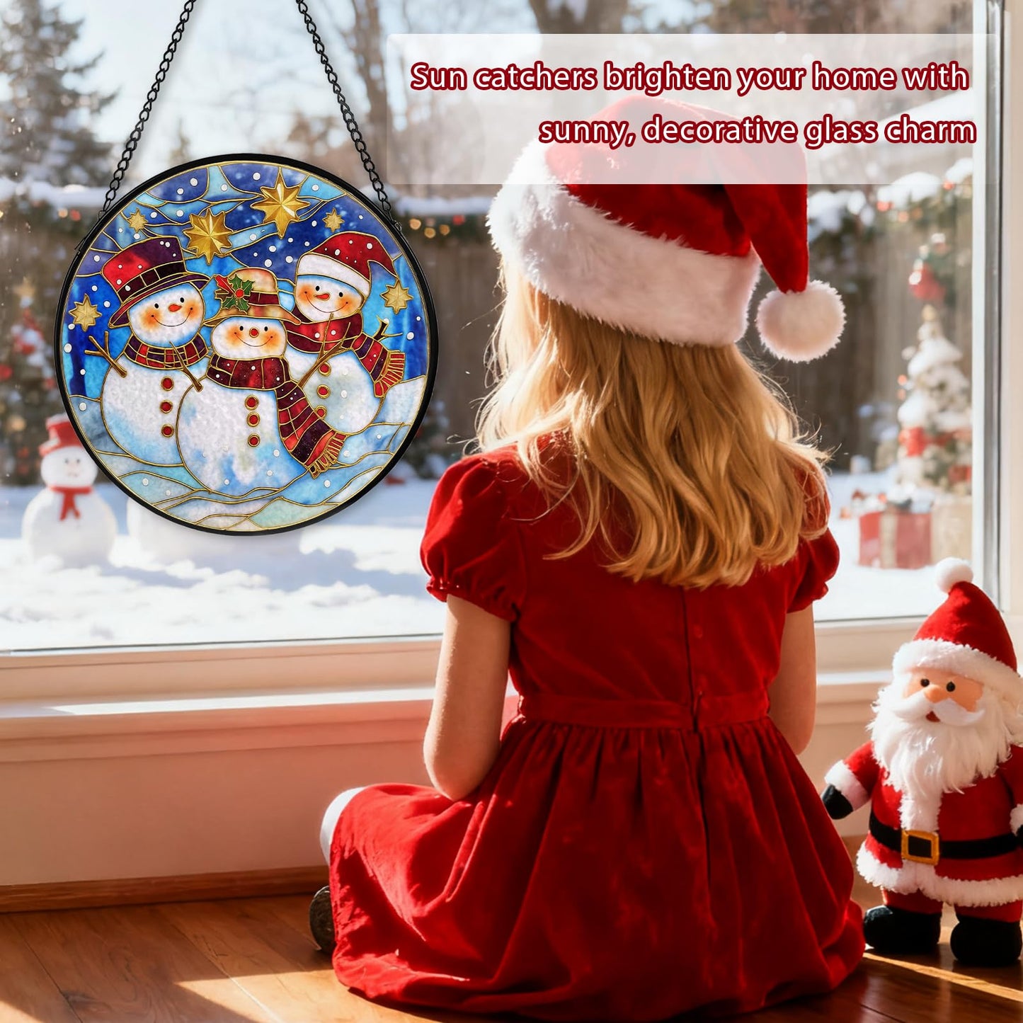 Christmas Decorations Stained Glass Window Hanging, Snowman Suncatcher for Window Hanging, Sun Catchers Indoor Windows Wall Art for Mom Grandma, Christmas Decor or Home Garden Office 7.87 inches
