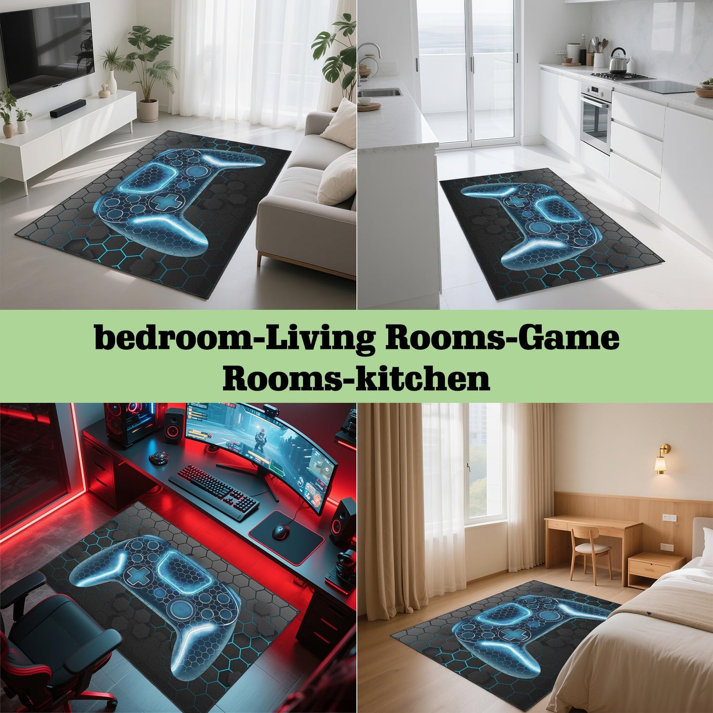 Vesocro Gamer Rug for Room,3x5 ft Non-Slip Blue Gaming Rugs for Bedroom Living Room and Game Space Decor