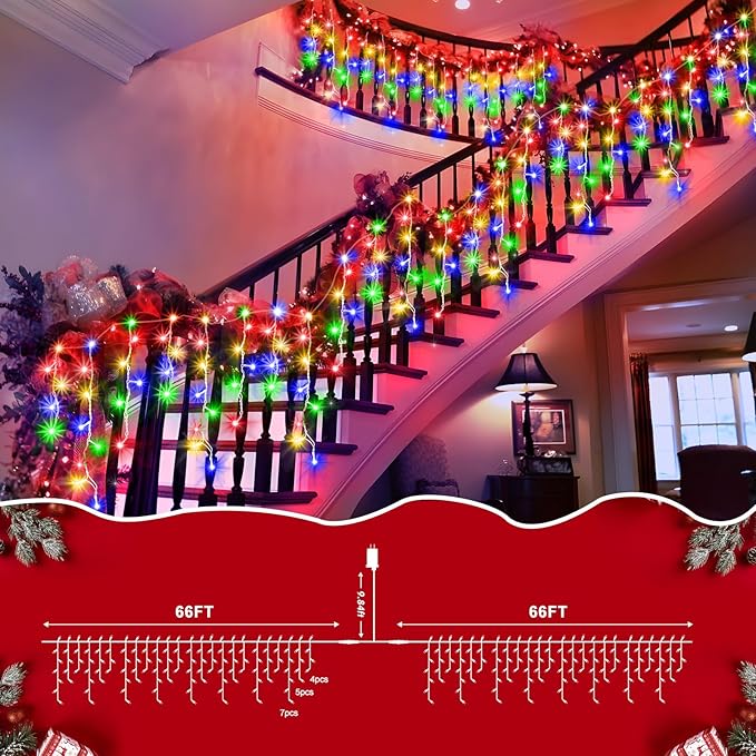 XURISEN 132ft Christmas Lights Decorations Outdoor, 1280 LED 8 Modes Fairy Lights with 240 Drops,Plug in Waterproof Timer Memory Function for Christmas Holiday Wedding Party Decorations(Multicolor)