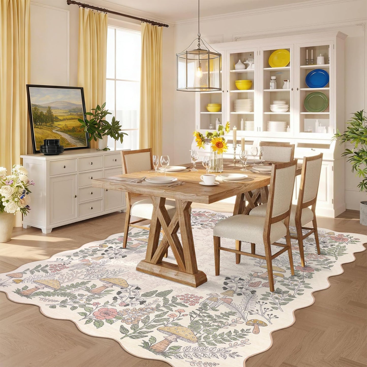 Garvee Scalloped Washable Rug 5x7 Area Rugs for Living Room, Botanical Mushroom Rug for Bedroom, Low Pile Non Slip Throw Rugs Indoor Modern Carpet for Nursery Playroom Dining Room, Beige