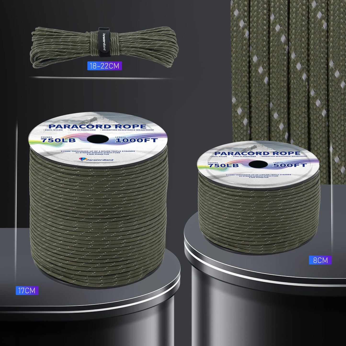 Paracordland-750LB Paracord Rope-100ft/500ft/1000ft- 9 Strand Parachute Spool Cord Heavy Duty String Ideal for Survival Gear Bracelet Camping Hikig Fishing-Black-500FT