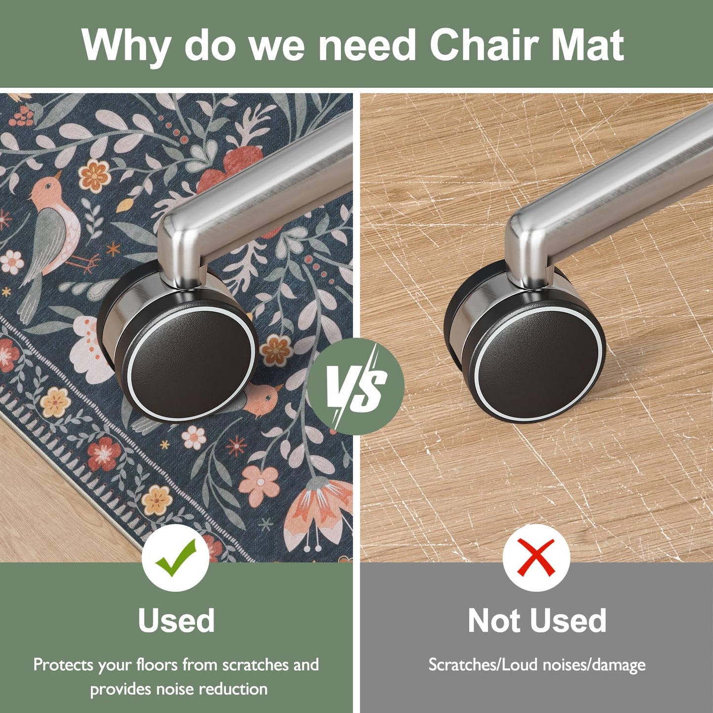 Anidaroel 48"x60" Office Chair Mat for Hardwood Floor/Tile, Black Floor Mat for Office Chairs, Anti-Slip Floral Under Desk Rug for Rolling Chairs, Bird Bug Low Pile Desk Chair Mats for Hardwood