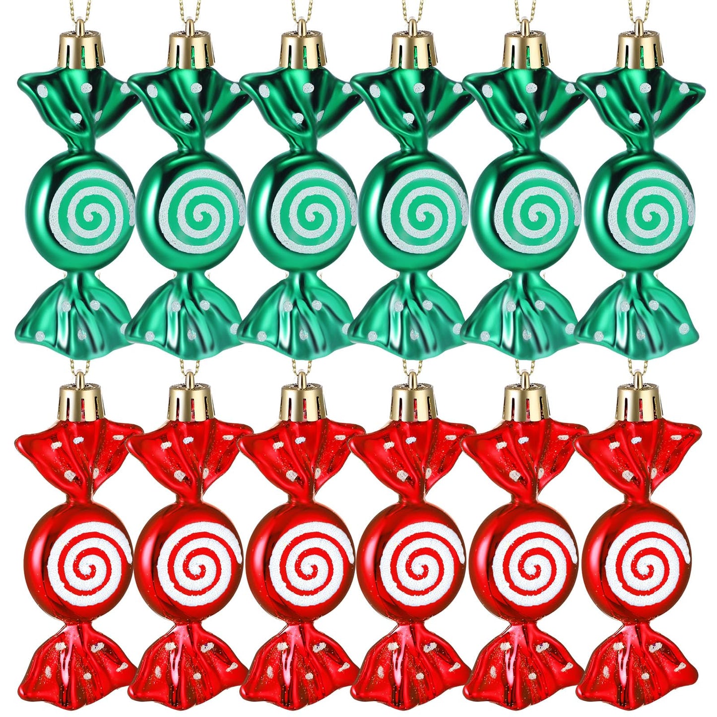 Threan 12 Pcs Christmas Candy Ornaments for Tree Decoration Hanging Glitter Candy Cane Christmas Peppermint Ornament with Golden Rope for Xmas Holiday Decoration(Red, Green,Plastic)