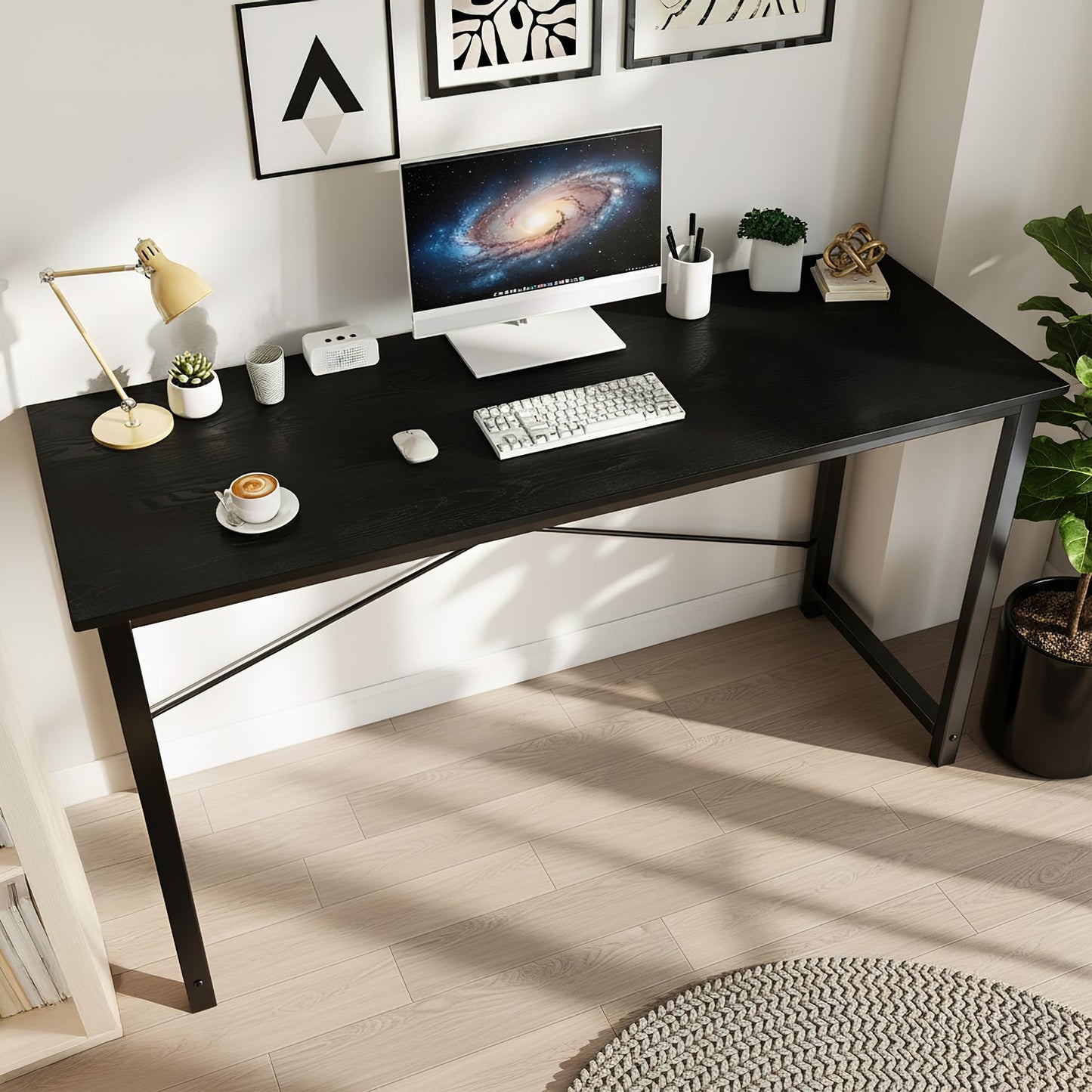 OLIXIS 55 Inch Computer Office Desk for Small Spaces, Writing Gaming Work Desk Modern Study Table with Storage Bag & Headphone Hook Home Bedroom, Black