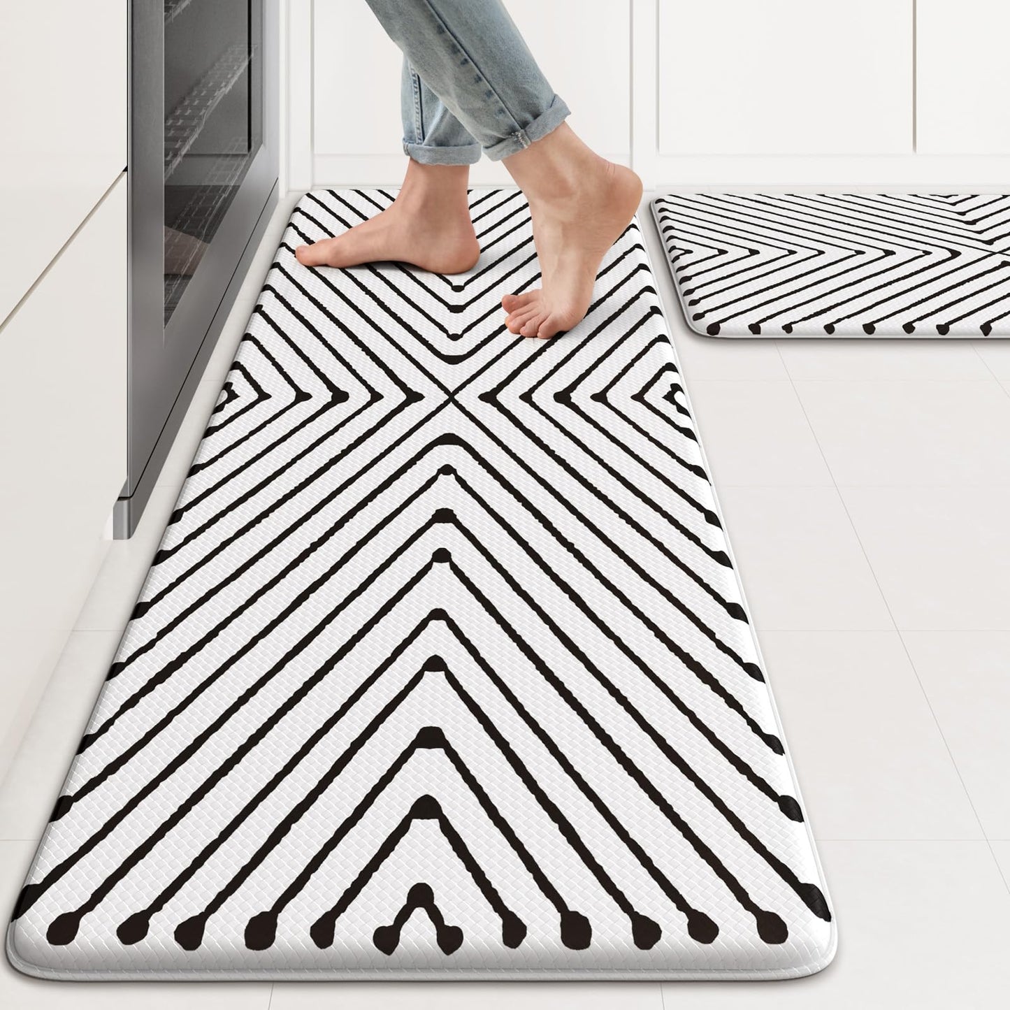KIMODE Kitchen Mats Cushioned Anti Fatigue, Geometric Kitchen Rugs Sets of 2, Non Slip Waterproof Kitchen Floor Mats, Comfort Standing Mats for Laundry Office Sink Desk 17"x47"+17"x29" Black Diamond