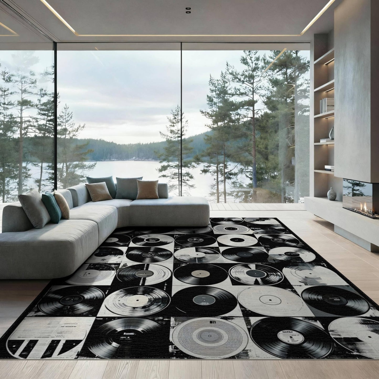 ODIKA Flatwoven High Traffic Area Rug 8x10, Vinyl Record Inspired with Classic Rock Band Graphics, Non Slip, Stain Resistant, Washable Area Rugs for Living Room, Bedroom (Black, 8x10)