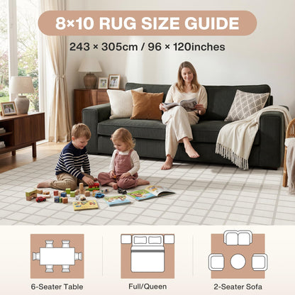 Tribesigns 8x10 Washable Area Rug, Soft Cream Modern Plaid Geometric Bedroom Rug, Non-Slip Low Pile Indoor Carpet for Living Room, Dining Room, Dorm, Office & Playroom, Oeko-TEX Certified