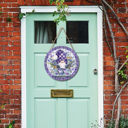 Spring Gnome Lavender Flower Sign for Front Door 12"x12" Summer Purple Floral Buffalo Plaid Wood Door Hanger for Outdoor Outside Porch Spring Summer Farmhouse Wooden Wreath for Wall Porch Yard