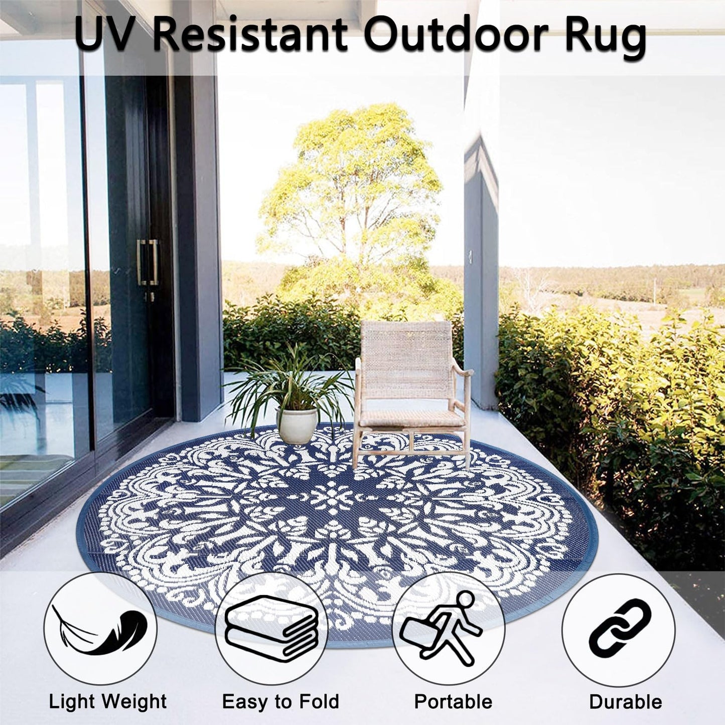 Homcomoda Round Outdoor Patio Rugs 6Ft Waterproof Indoor Outdoor Area Rugs Clearance Reversible Straw Rugs Circle Area Rugs for Porch Garden Deck Backyard Balcony