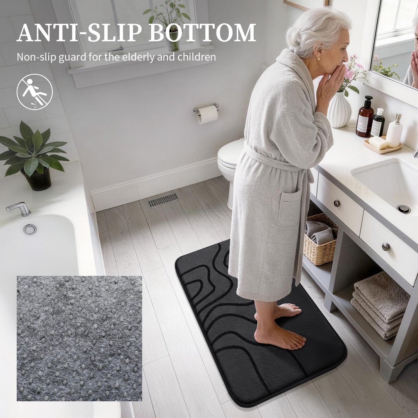 YIHOUSE Memory Foam Bathroom Rugs Sets 2 Piece - Extra Thick Ultra Soft Absorbent Bath Mat Set, Non-Slip Machine Washable Bath Rugs for Bathroom, Tub & Shower, Home Decor (17"x24"+20"x46", Black)
