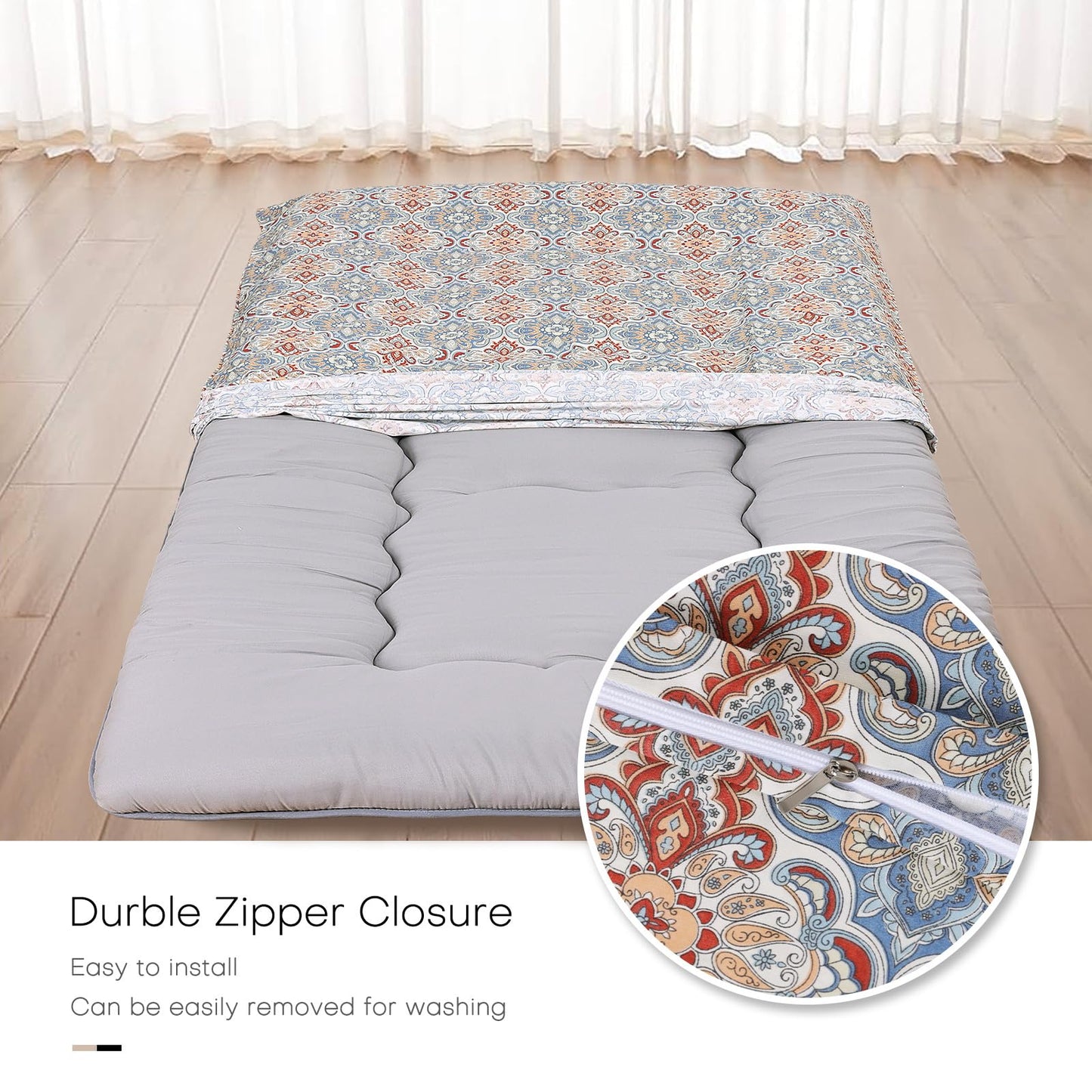 100% Cotton Floor Futon Mattress Cover (Only Cover), Soft Skin-Friendly Washable Zippered Futon Cover for Traditional Japanese Floor Futon Mattress, Tatami Mattress Dustproof Cover (Twin, Flower)