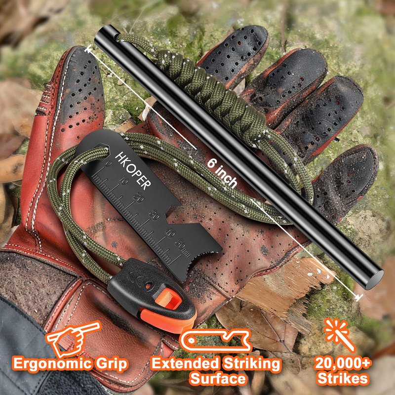 Hkoper Ferro Rod Fire Starter with Striker, Flint and Steel Fire Starter, 6" x 3/8" Survival Tool, 15,000+ Strikes, Large Sparks in Any Weather, Camping Hiking Bushcraft Gear