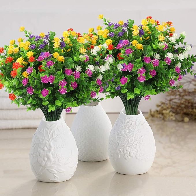 10 Bundles Artificial Flowers, Outdoor Gypsophila Baby's Breath Fake Flowers, UV Resistant Faux Greenery Shrubs Hanging Plants for Home Wedding Garden Porch Window Decoration (Round Leaves)
