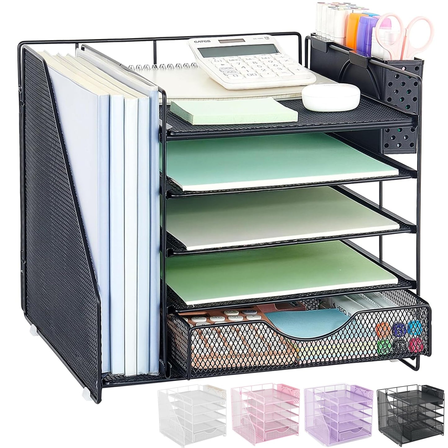 OUTIOE Desk Organizer with Drawer and Pen Holder, 5-Tier Paper Letter Tray Organizer with File Holder, Suitable for Workspace Organizer Office Supplies Storage (Black)