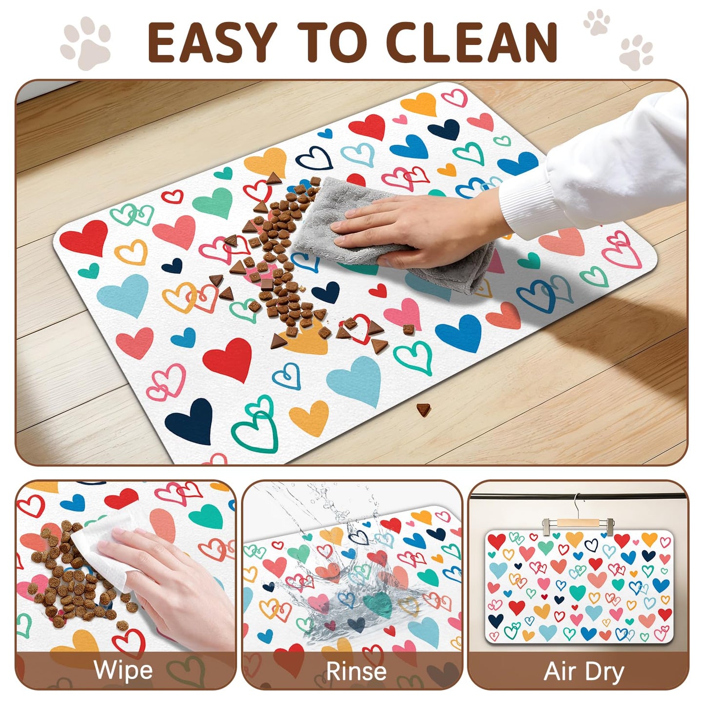 Dog Food Mat for Bowls, Absorbent Quick Dry Dog Cat Mats for Food and Water, Non-Slip Backing Pet Mat Pet Supplies - Heart Pattern