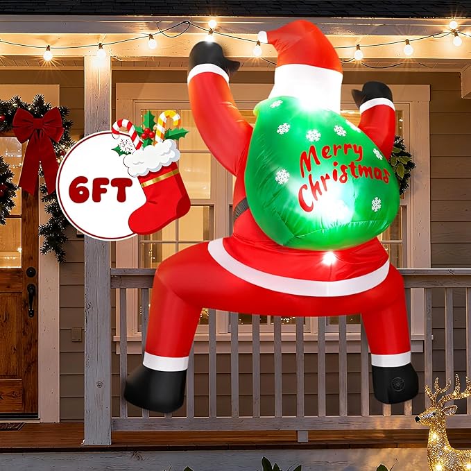 6FT Christmas Inflatable Outdoor Decorations Hanging Santa Built-in Bright LEDs, Blow Up Climbing Santa Claus with Gifts Bag, Giant Christmas Decor for Window Wall Outdoor Xmas Holiday Party Lawn