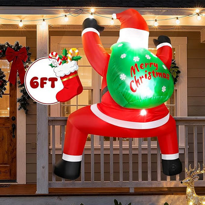 6FT Christmas Inflatable Outdoor Decorations Hanging Santa Built-in Bright LEDs, Blow Up Climbing Santa Claus with Gifts Bag, Giant Christmas Decor for Window Wall Outdoor Xmas Holiday Party Lawn