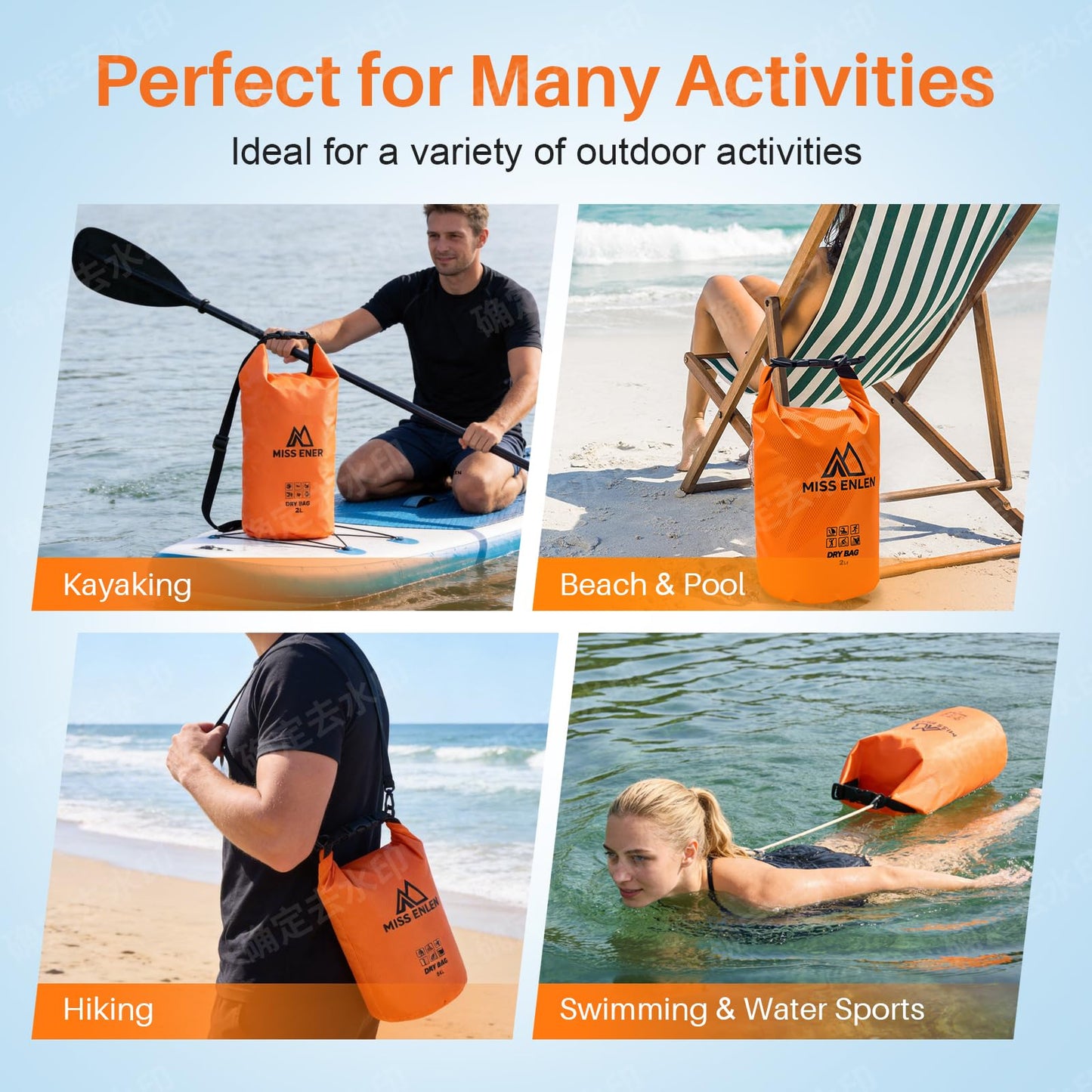 MISS ENLEN Waterproof Dry Bag 500D PVC Roll Top Dry Sack with 3 Carrying Ways, Lightweight Waterproof Bag for Kayaking, Swimming, Boating, Paddle Boarding, Hiking, Beach (Orange, 2L)