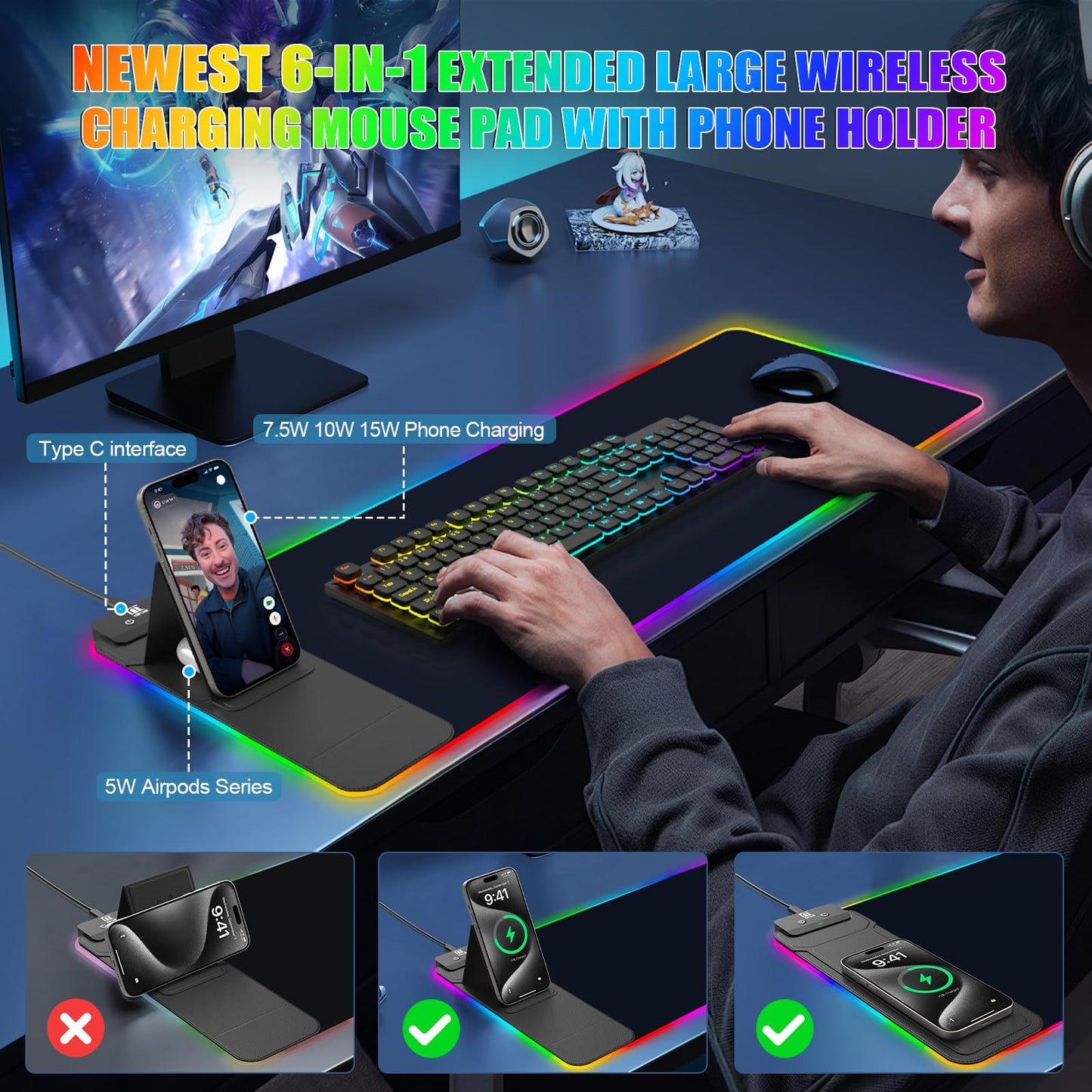 Mouse Pad with Foldable Phone Holder & Wireless Charger, XL RGB Gaming Mousepad 31.5"x11.8" Large Desk Mat for Keyboard, Home Desk Pad with Dual Qi Charging Station | 11 Colors & 5 Modes | Waterproof