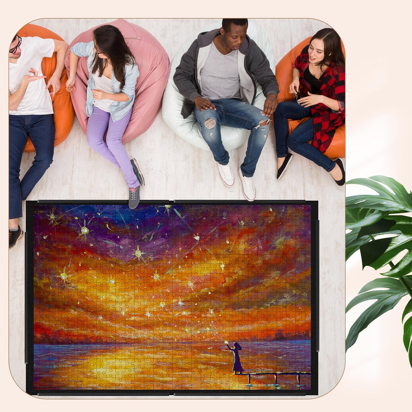 Fanfanwin 3000 Pieces Folding Felt Jigsaw Puzzle Foldable Board Mat with Non Slip Surface Puzzle Mat 55" x 37" Extra Large Portable Jigsaw Board with Storage Bag for Adults Tray(Black)