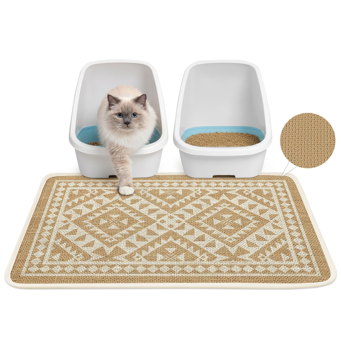 Bienbee Cat Litter Mat, 33" x 22" Litters Box Mat Machine Washable Less Waste Waterproof Litter Mats, Non-Slip Cat Litters Trapping Mats Easy to Clean Linen Geometric L