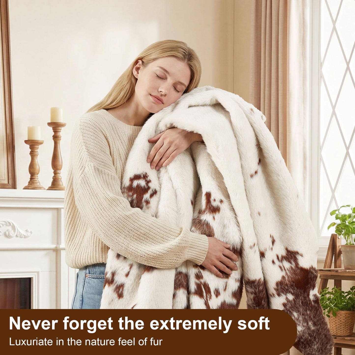 JONIYEAR Large Durable Faux Cowhide Area Rug 4.9 x 6.56 Feet, Premium Cow Print Rug for Living Room Bedroom, Durable Faux Fur Animal Cow Hide Carpet for Western Farmhouse Decor, Brown and White