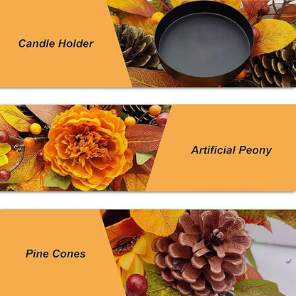 Fall Centerpiece Table Decorations, 27.5'' L Assorted Artificial Peony, Sunflowers, Berries, Autumn Leaves, Pine Cones, Harvest Table Candle Holder for Dinning Table, Fireplace (Candle Not Included)