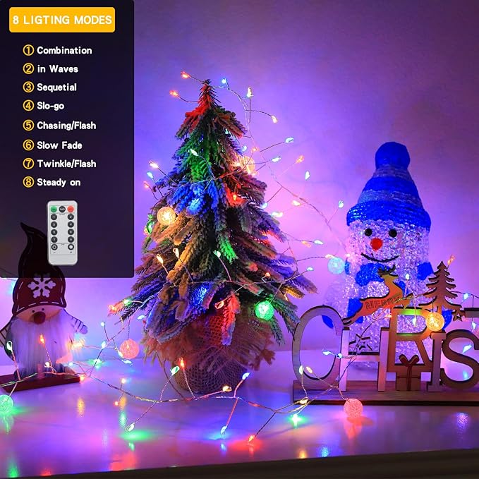 Copper Wire Firecracker Christmas Lights, 10FT 200LED Battery Operated Twinkle Cluster Fairy Lights for Christmas Tree with Remote for Bedroom Dorm Wreath DIY Wedding Christmas Decoration