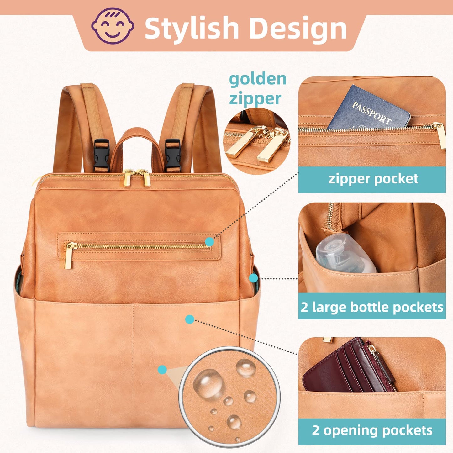 MOMINSIDE Diaper Bag Backpack, Leather Diaper Bag Baby Bag Large Baby Diaper bag Mommy Bag with 16 Pockets,Hospital Bag, Changing Pad, Brown