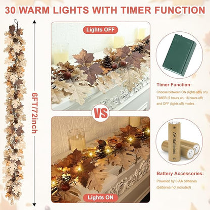 Fall Garland - 6 Ft Maple Leaf Garland with Pinecones - Fall Acorn Leaf Garlands with 30 Warm Lights for Thanksgiving Halloween Mantel Dining Table Centerpiece Indoor Outdoor Decor