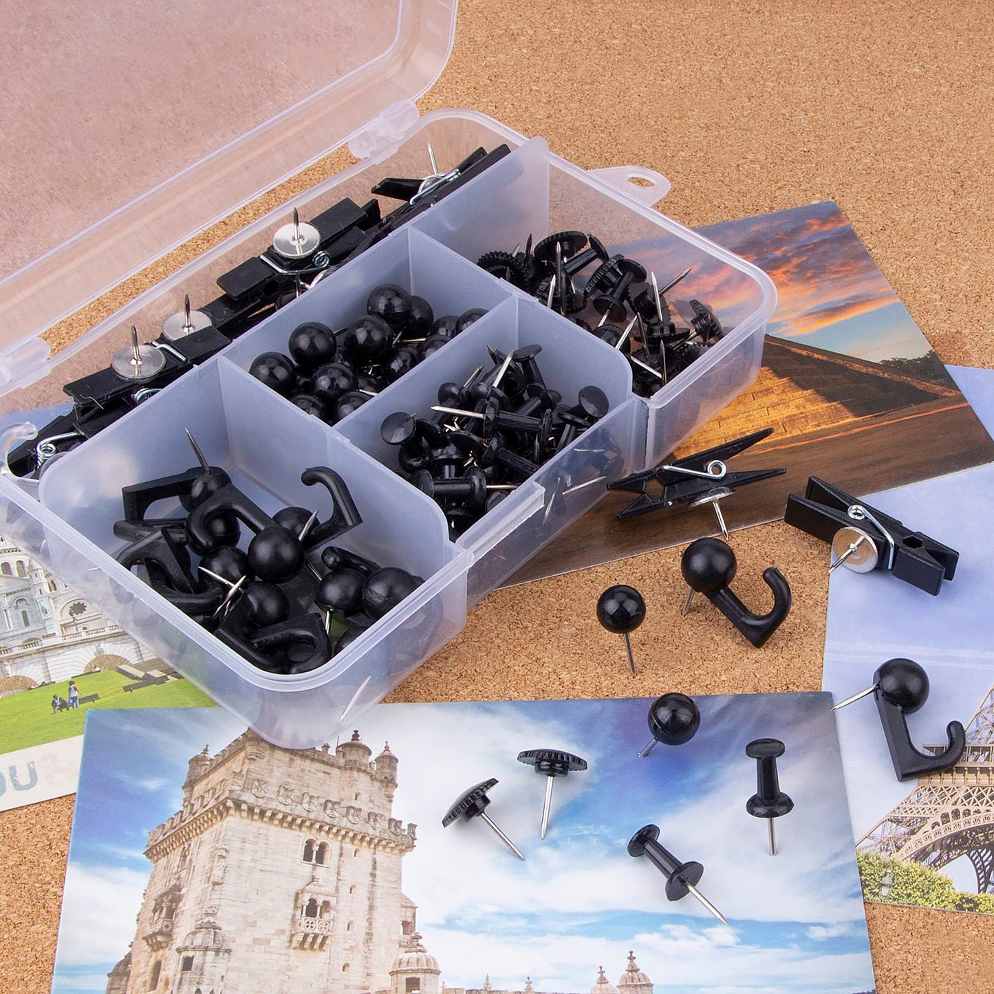 Push Pins Set, 5 Styles Thumb Tacks Map Pins, Steel Point Pushpins Thumbtacks for Cork Board Bulletin Boards (Black-140pcs)