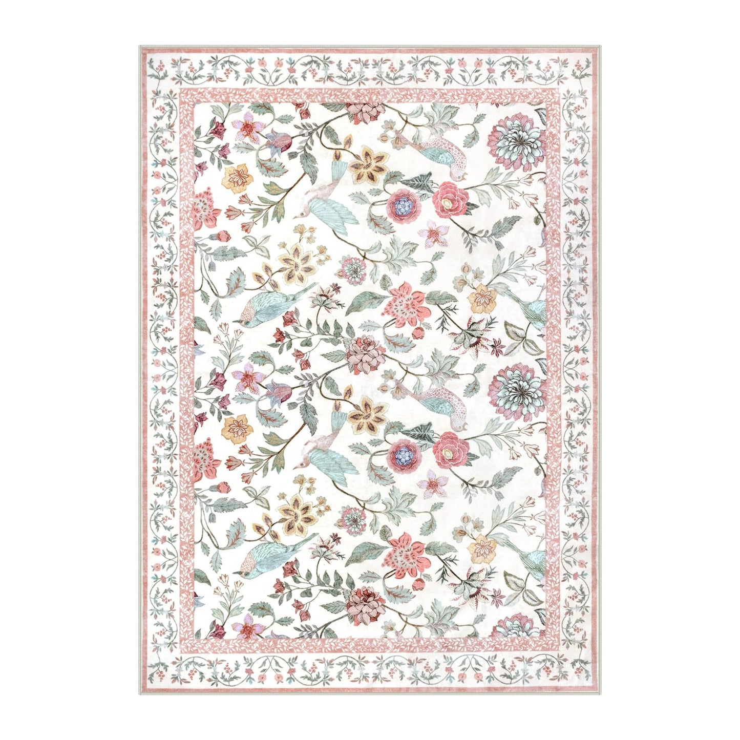 Rugalia Floral Washable 5x7 Area Rug, Soft Non-Slip Pink Rugs for Girls Bedroom Low Pile Flower Birds Living Room Rug, Non-Shedding Botanical Indoor Carpet for Nursery Playroom Dining Room
