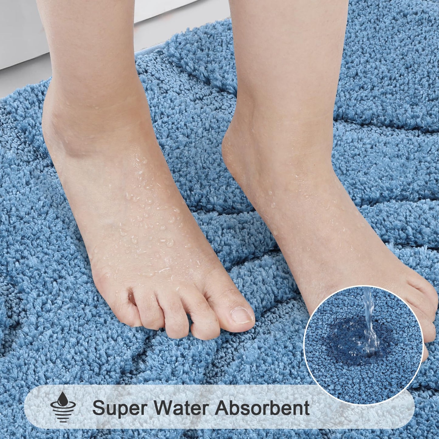 HEBE Bathroom Rugs Sets 5 Piece, Soft Absorbent Microfiber Bath Mat for Bathroom, Non Slip Washable Bath Rug Set with Toilet Cover, Bath Runner and U-Shaped Contour Toilet Rug, Blue