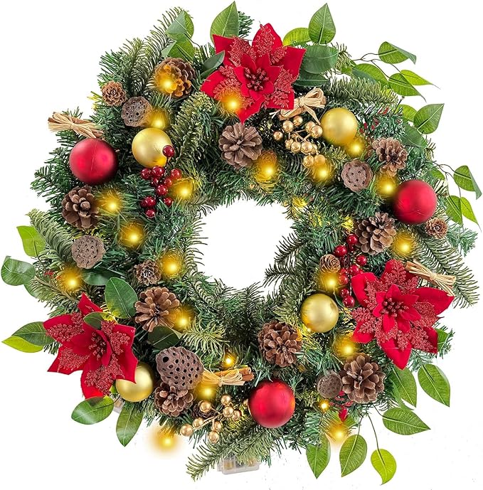 WANNA-CUL Pre-Lit 24 Inch Lighted Christmas Wreath for Front Door Luxury Red Gold Christmas Door Wreath Decoration with Ball Ornaments, Poinsettia Flowers,Berries, and Lotus, Battery Operated 30 LED