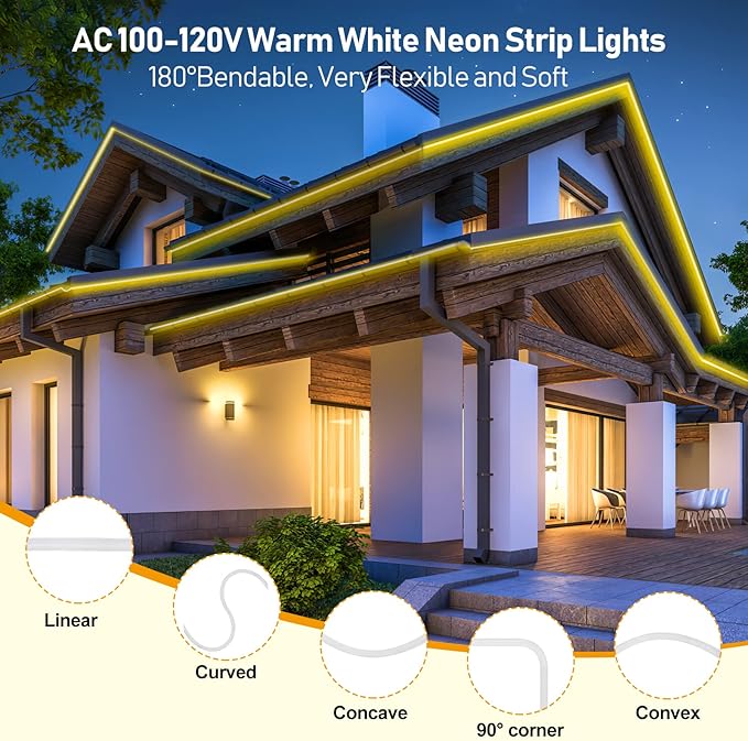 FORT AC110V 120V led Strip Lights RGB Led Neon Rope Light Driverless IP66 Waterproof Outdoor 144LEDs/m Dot Free Multicolor 32.8FT led Lights with Remote, Easy Installation ETL FCC