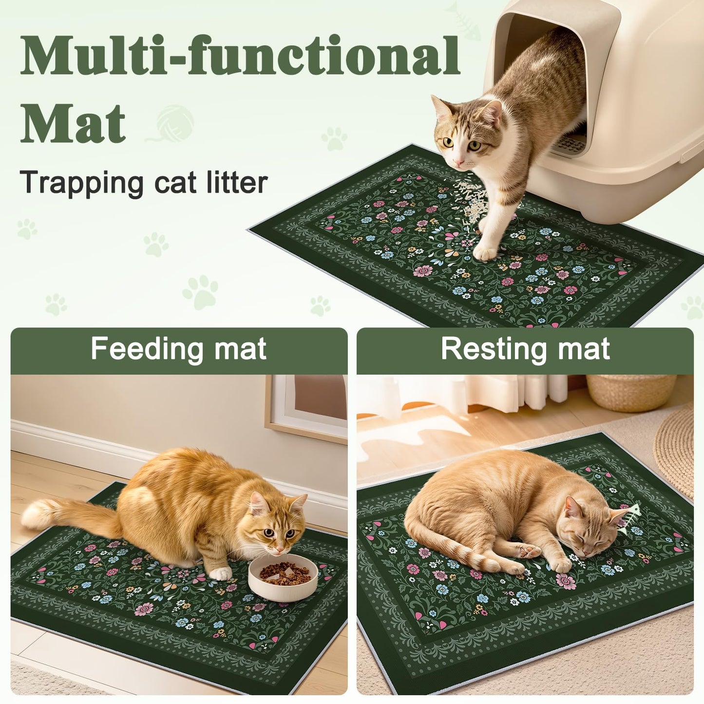 Bienbee Cat Litter Mat, 2PCS 33"x22" Machine Washable Litters Box Mats Non-Slip &Waterproof Cat Litters Trapping Mats Easy to Clean Mat for Litter Box Less Waste Protects Floors Dark Green L