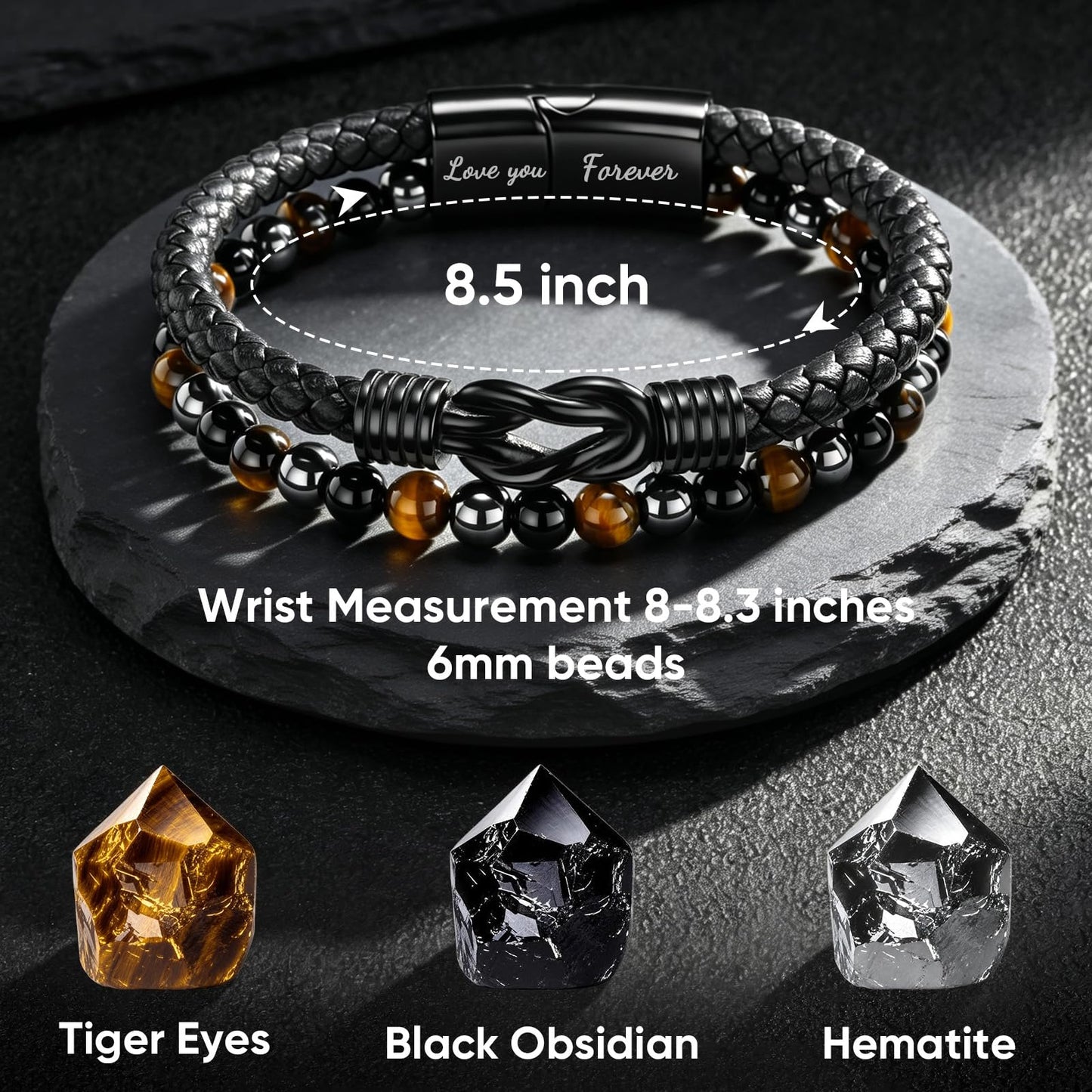 Crystal Infinity Cuff Bracelet Gifts for Men Him-Triple Protection Hematite Black Obsidian Tiger Eye Gemstone Beaded Leather Cuff Bracelets Lettering Love You Forever Healing Gifts for Husband Father's Day