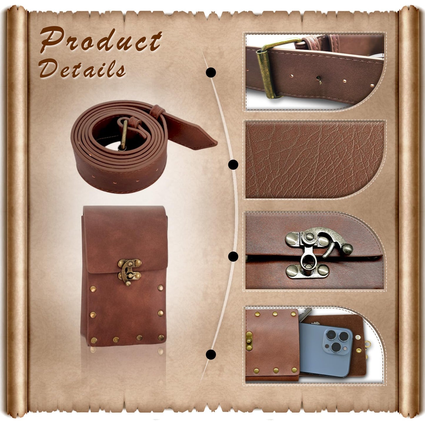 FunMular Renaissance Accessories Costume Women Belt Pouch Medieval Viking Potion Bottles Waist Bag Leather Belt Leaf Skirt Hikes (Brown Set)