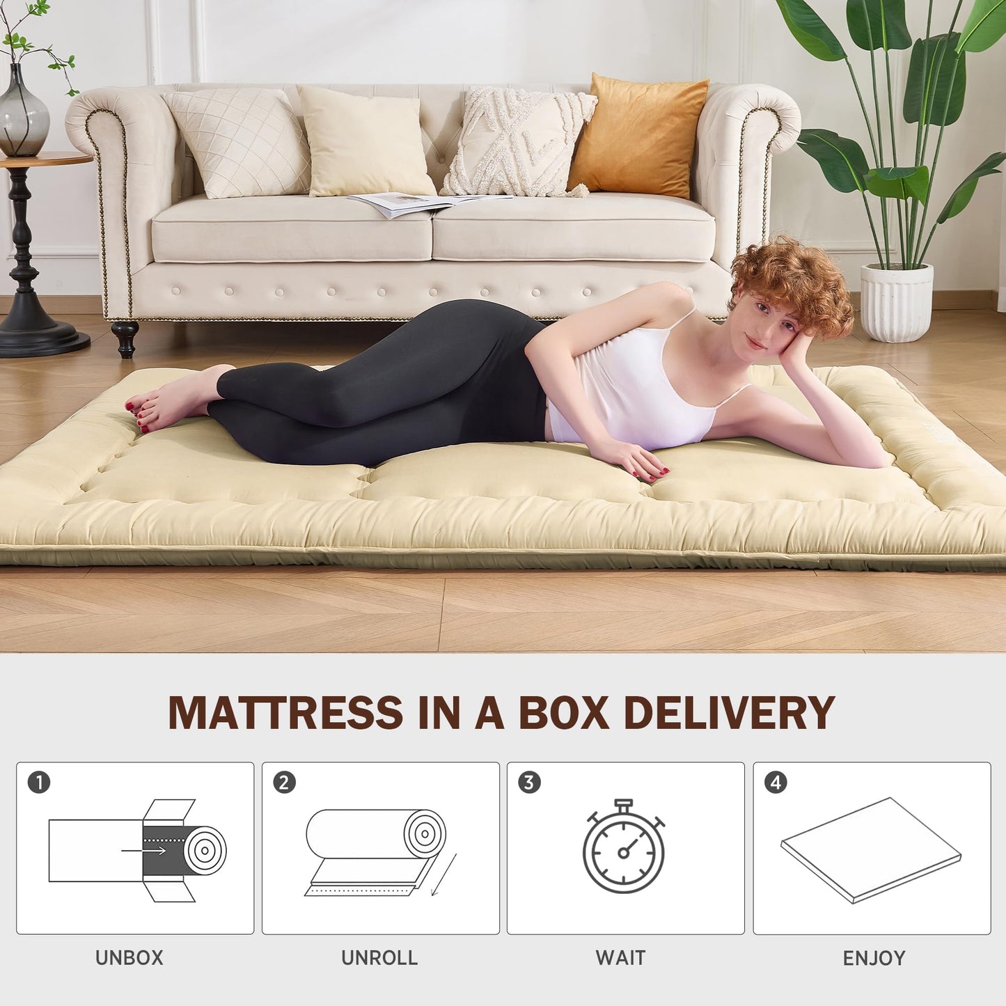 VIPBED Japanese Floor Futon Mattress Queen Size, 4" Thicken Foldable Mattress Tatami Mat Sleeping Pad, 25D Foam Filled Traditional Shiki Futon (shikibuton), Designed in Japan (Pastel Yellow 60"x 80")
