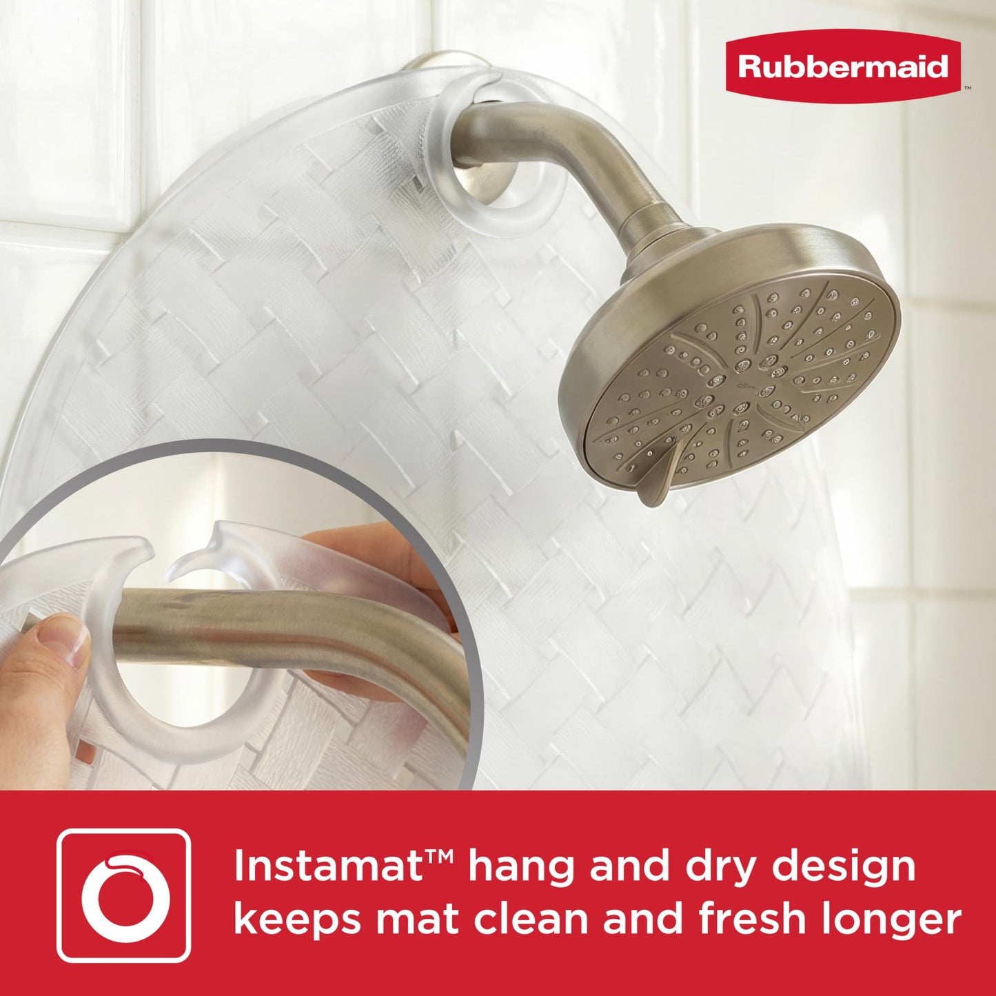 Rubbermaid INSTAMAT Bath Tub Shower Mat, Non-Slip Tub Mat with Suction Cups, Bath Mat Hangs on Showerhead for Quick Dry, 27.2 x 15.2 Inch, BPA-Free, Easy to Clean, for Inside Tub or Shower, Clear