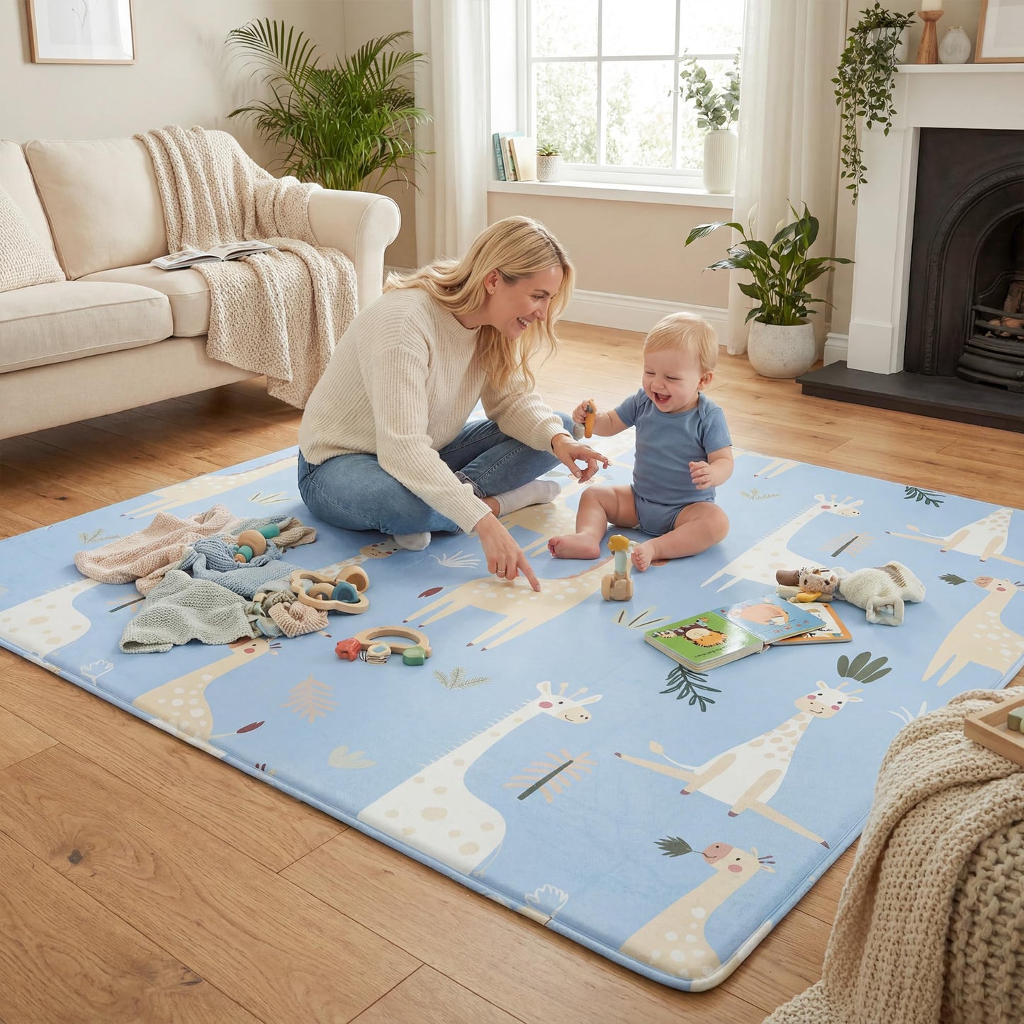 PaPaMat 1.5" Thick Premium Baby Floor Play Mat, 71x79 Over-Sized Padded Memory Foam Mat, Tummy Time Crawling Playmat for Nursery Kids Playroom, Giraffe