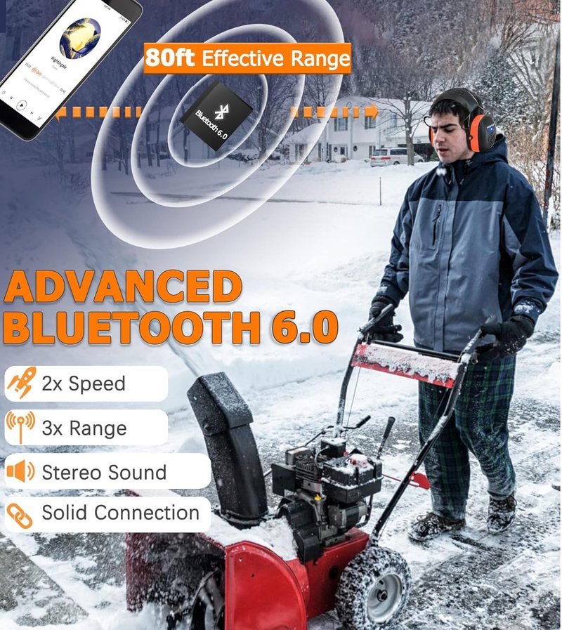 PROHEAR 037 Gel Ear Pads Bluetooth 6.0 Hearing Protection Headphones,1500mAh Rechargeable Battery for 120H Playtime Perfect for Mowing Workshops Snowblowing - Orange