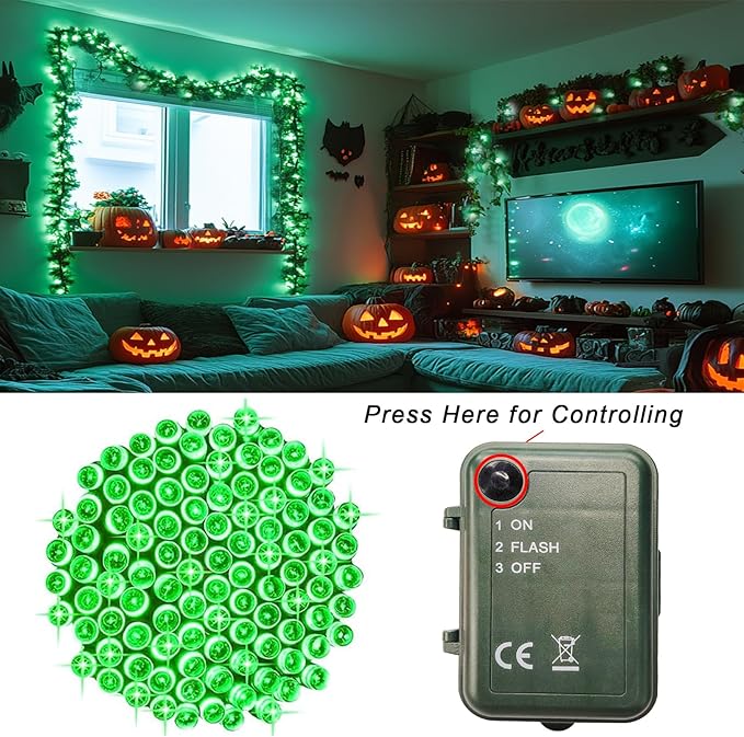 Green Halloween Lights Battery Powered, 2 Pack Total 66.6 FT 200 LED Green String Lights Indoor Outdoor Christmas Decoration, Twinkle Fairy Light for Classroom Home Party Room Xmas Tree Party Decor