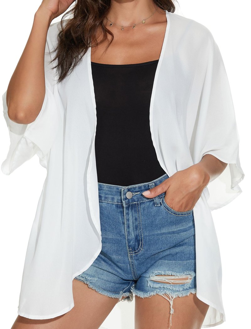 Women Summer Tops Kimono Cardigans Sheer Beach Cover Ups Chiffon Open Front Shirts （White,L)