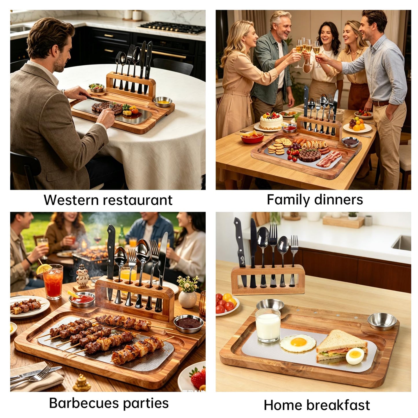Acacia Wood Steak Board Set,16.5" Magnetic Charcuterie Board with Stainless Steel Scratch-Proof Cutting Surface Wooden Serving Platter with Cutlery & Sauce Cup for BBQ Dinner Party Housewarming Gift