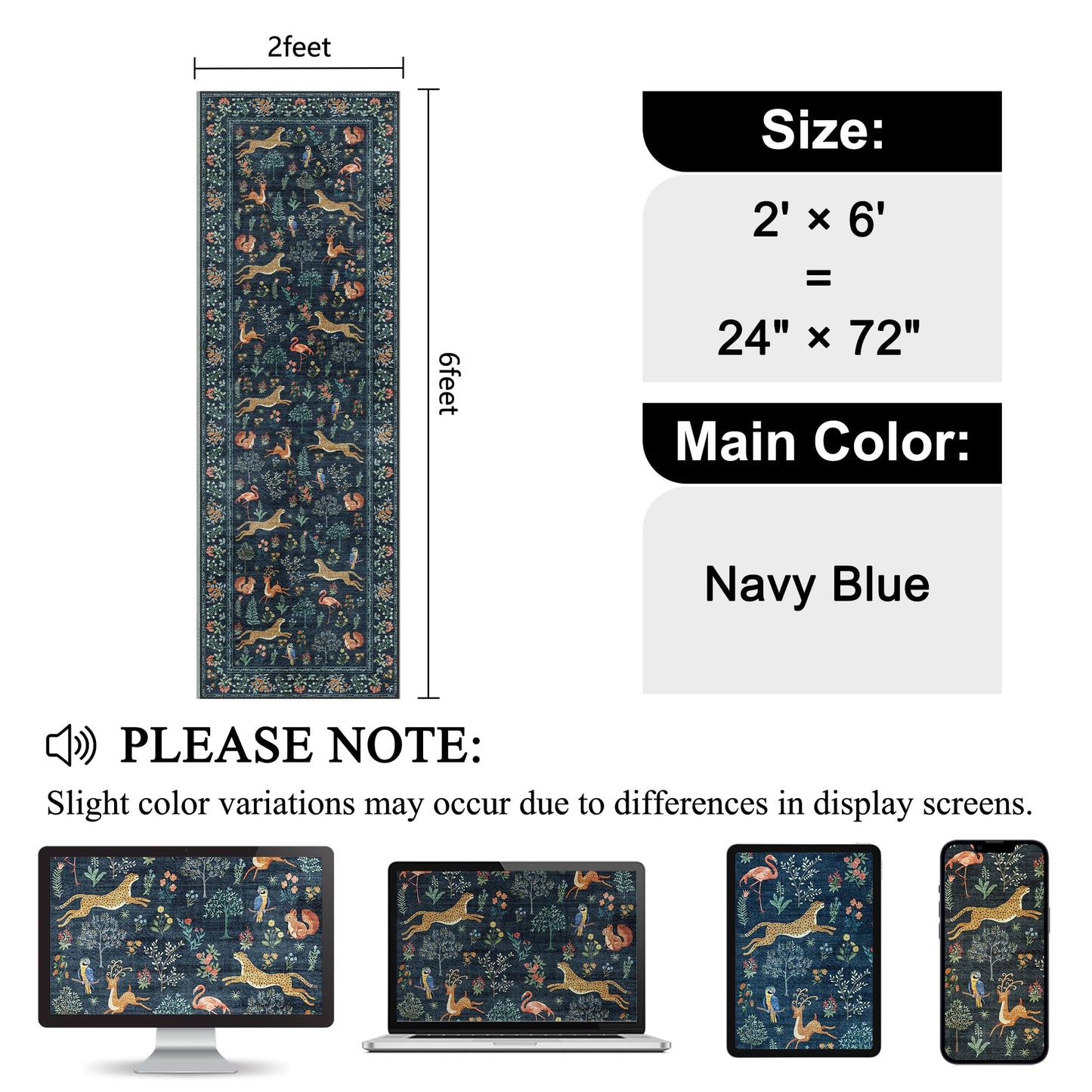 DUKINO 2x6 Rug for Hallway, Washable Kitchen Runner Rug with Non Slip Backing, Soft Low Pile Vintage Animal Runner for Bedroom, Kitchen, Hallway, Entryway, Laundry, Navy Blue
