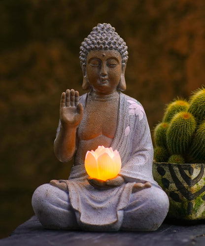 Nacome Solar Buddha Garden Statue Decor: Sitting Resin Figurine with Lotus Flower Light Zen Sculpture for Patio Lawn Yard Porch Balcony Meditation Space - 10.6 inches(White)