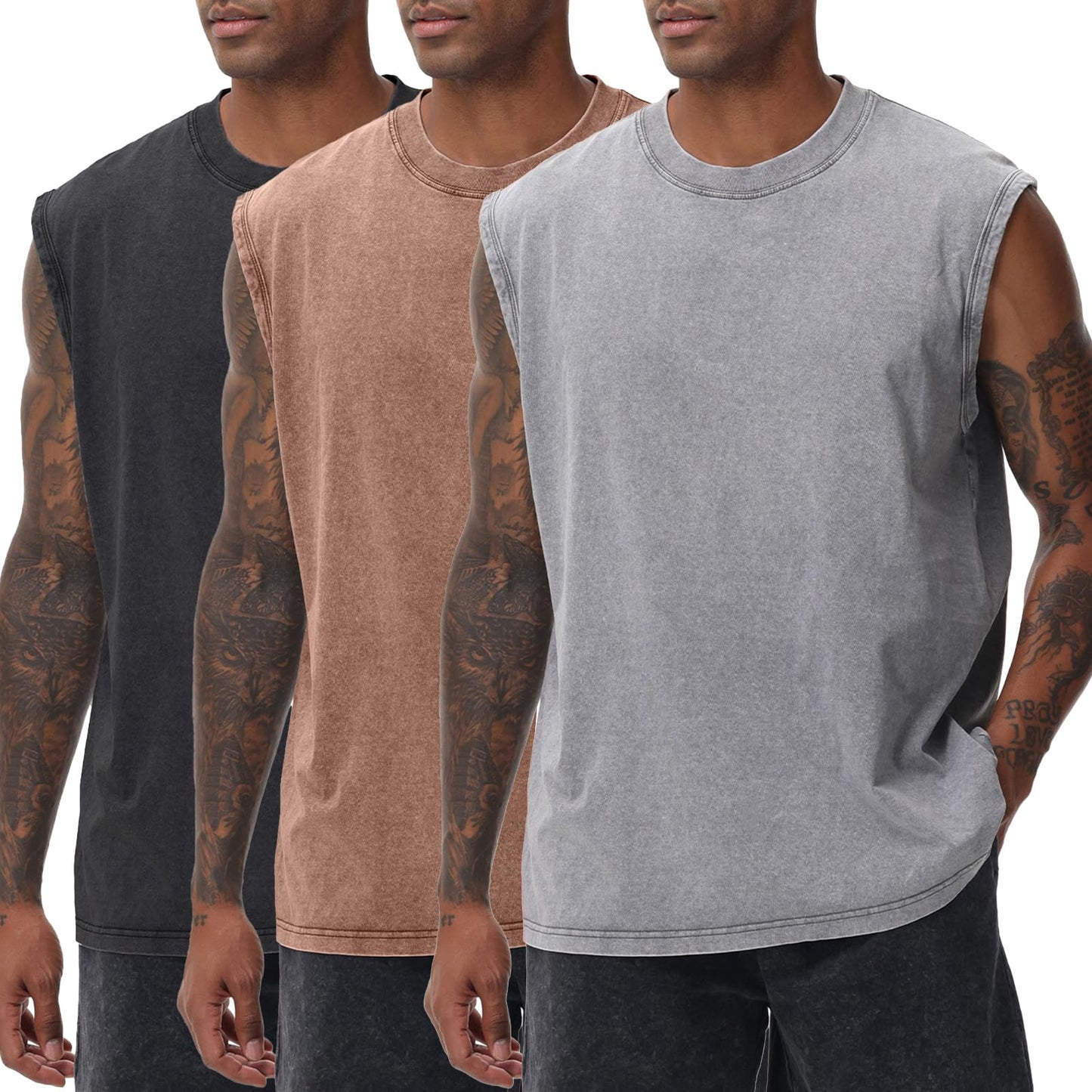 SnowElve 3 Pack Mens Workout Tank Tops Sleeveless Tee Shirts Men Muscle Shirt Gym Acid Wash T Shirts Running Beach Loose Fit Tee(CFGYBK,L)